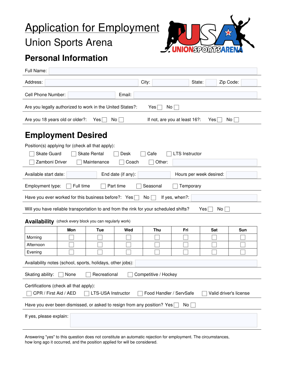 Preview of the first page of the employment application